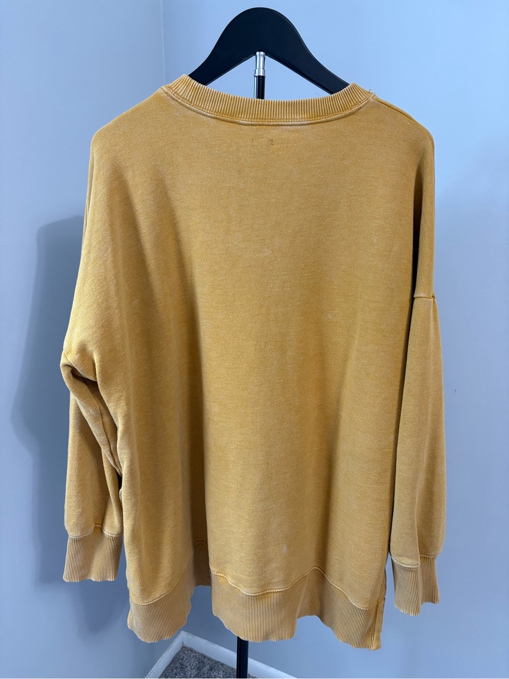 Aerie Oversized Crewneck Sweatshirt XL Distressed Mustard Yellow Side Slit Cozy - Picture 3 of 8